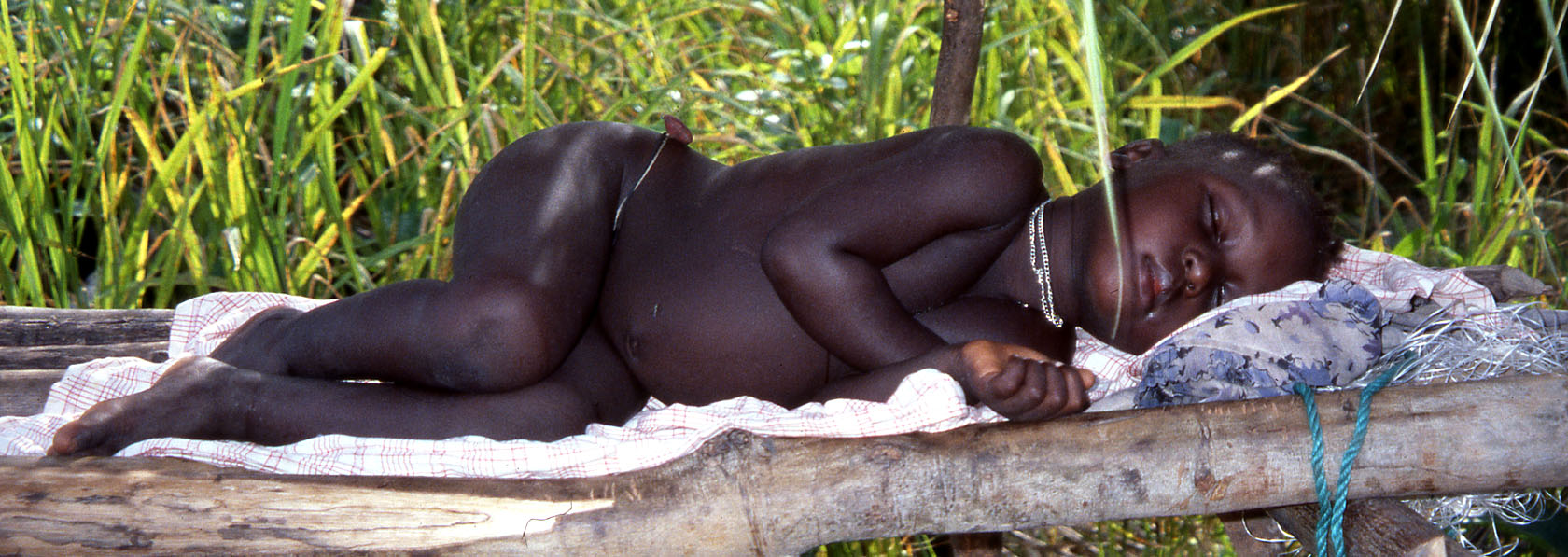 Criança adormecida numa cama no meio de um campo de arroz